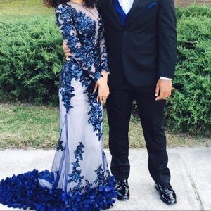 Navy Blue Customized Prom Dress With Flowers